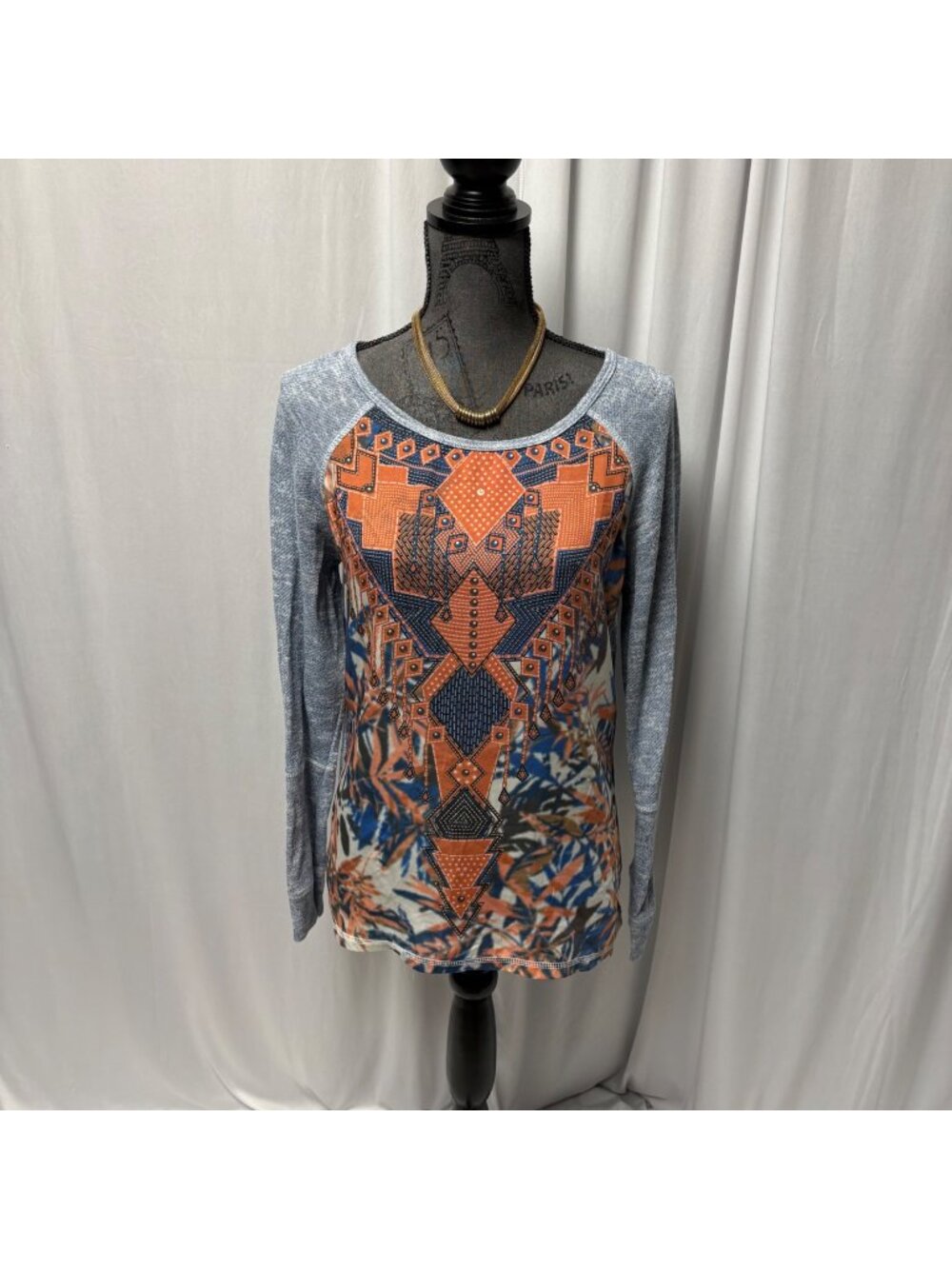 Multiples Raglan Knit Top Womens Medium Long Sleeve Orange Blue Boho Tribal